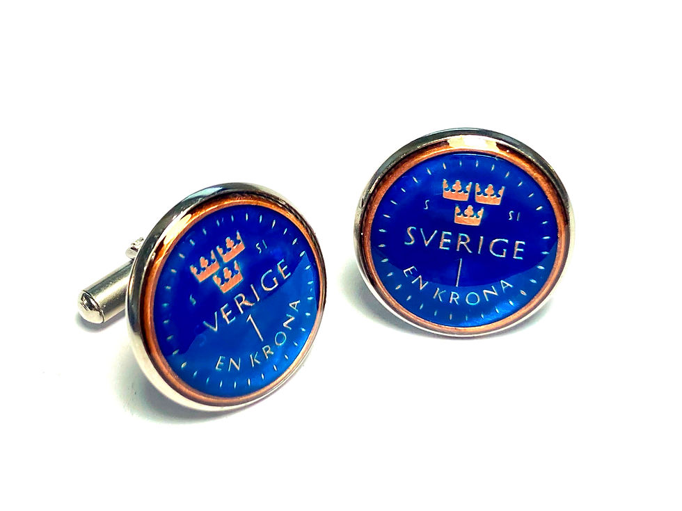 Sweden coin cufflinks , 1 Krona - Carl XVI Gustaf , manschettknappar med mynt