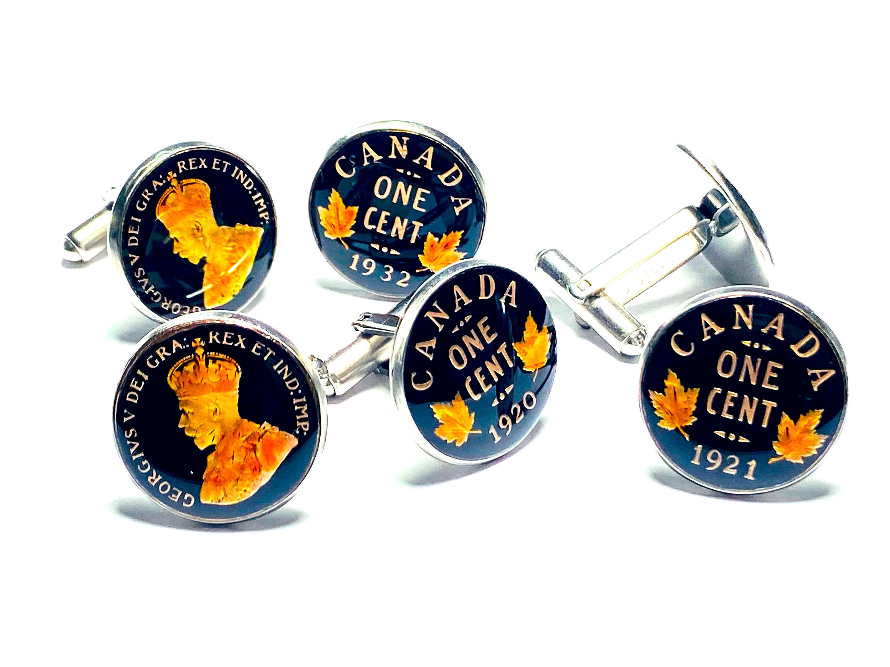 1920 1921 1932 Canada coin cufflinks 1 cent , King George V, maple leaves