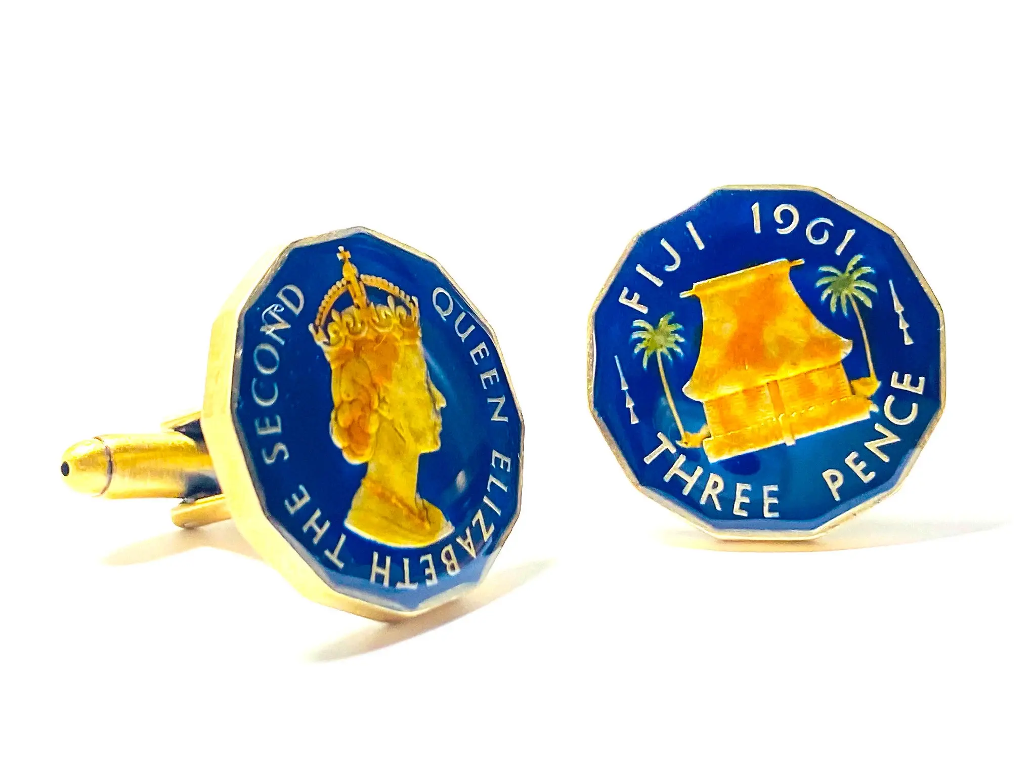 1947 - 1967 Fiji coin cufflinks threepence Native dwelling