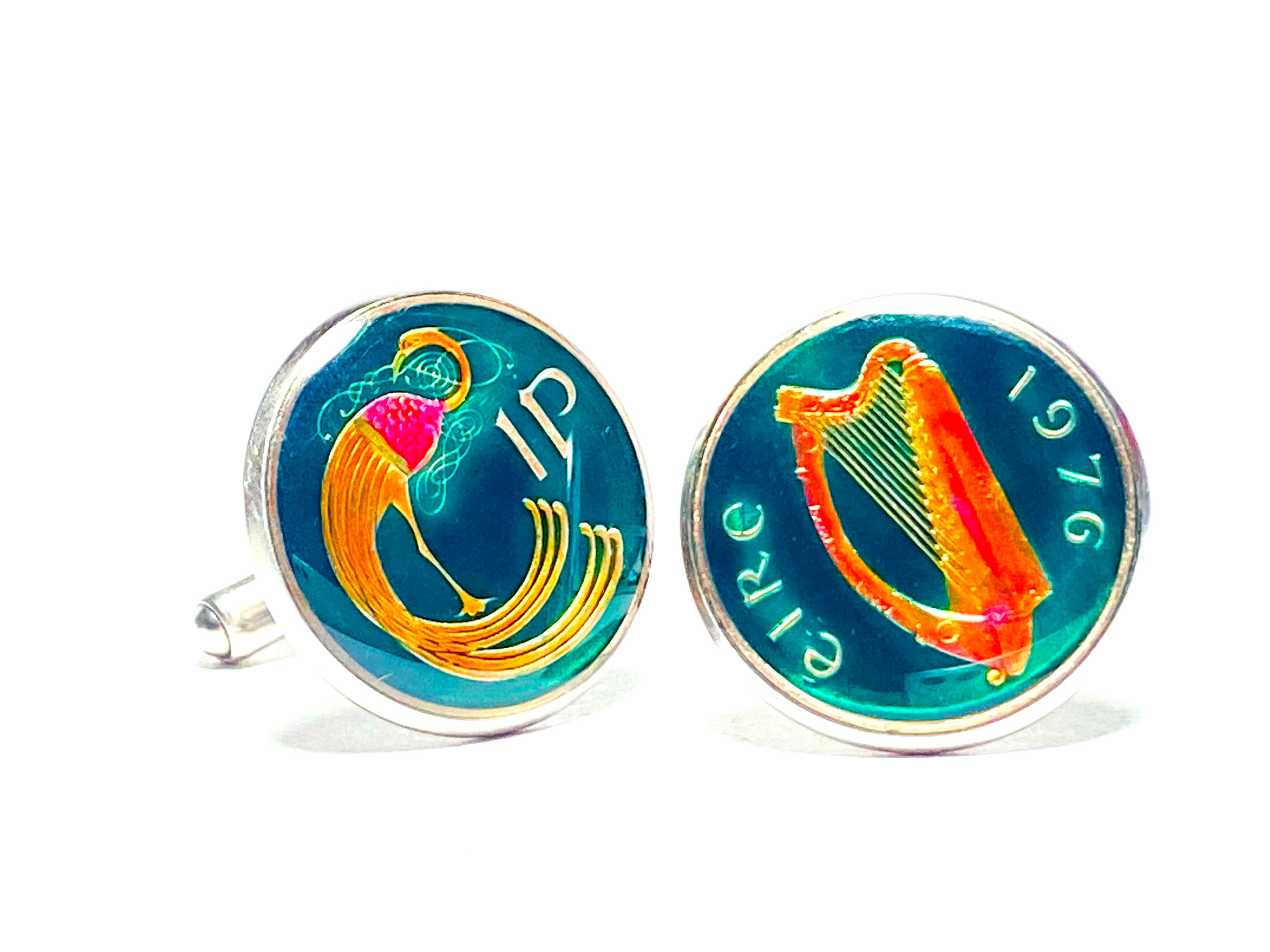 1971 - 2000 Ireland coin cufflinks 1 penny harp tylized bird