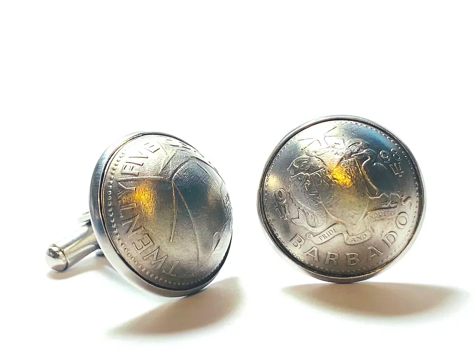 Domed Barbados coin cufflinks , 25 Cents National Arms of Barbados Windmill