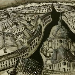 Pittura monocromatica in bianco e nero di un paesaggio urbano denso e opprimente. La prospettiva è distorta e vertiginosa, e la città riempie quasi l'intera tela (horror vacui), avvolgendo abissi neri al posto delle strade. Una grande cupola è visibile a destra. opera di francesco pio palmieri artista contemporaneo