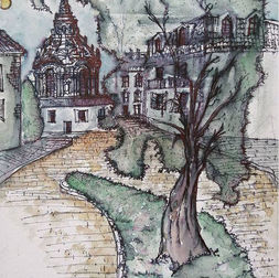 Dipinto ad acquerello e inchiostro di un paesaggio urbano con una strada lastricata, un albero spoglio in primo piano e edifici in stile barocco. A sinistra, una grande chiesa ornata con una guglia a bulbo e dettagli rossastri. Sullo sfondo, altri edifici con finestre e tetti scuri. Il cielo è nuvoloso con un sole giallo tenue visibile in alto a sinistra. L'atmosfera è leggermente malinconica, con colori tenui e pennellate acquerellate.opera di francesco pio palmieri artista contemporaneo