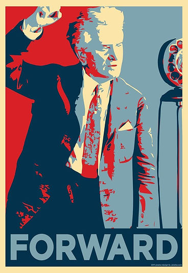 Fighting Bob speaks into a microphone with his right fist raised, the photo Obamafied. At the bottom, the word "FORWARD."
