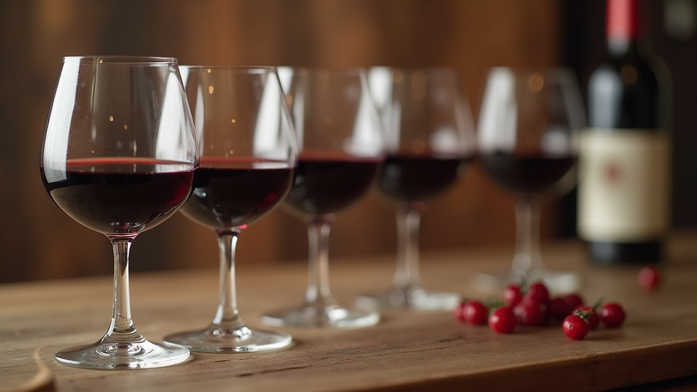 Close-up de taças de vinho tinto em mesa rústica durante degustação