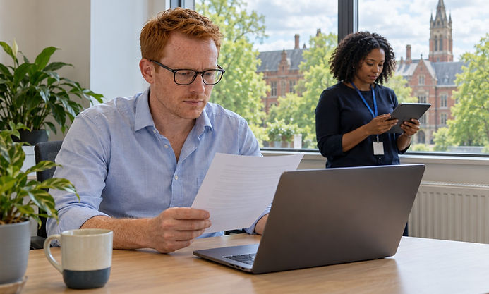 Health and safety manager reviewing a policy at his desk while a colleague reads it on a tablet