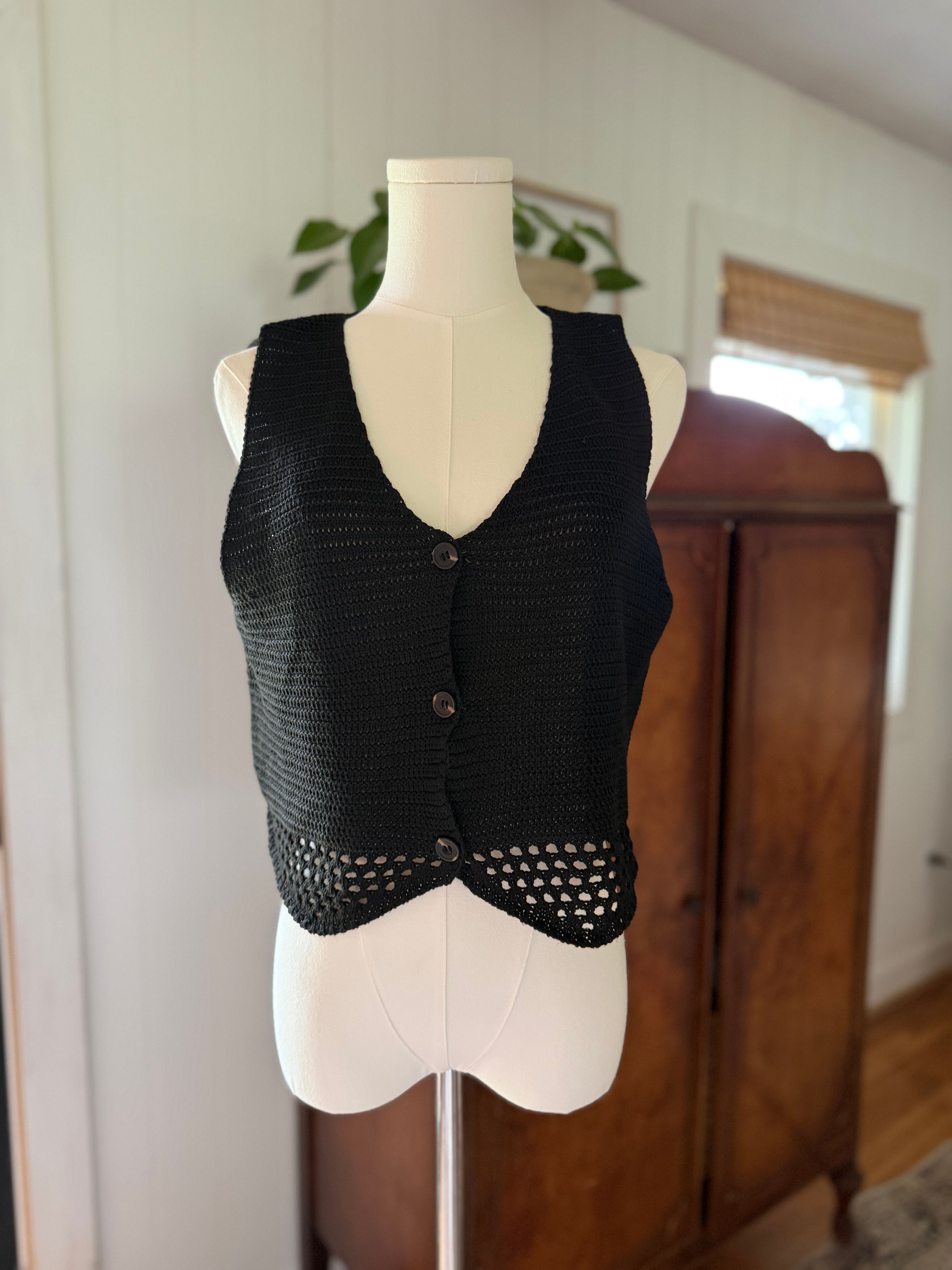 Size M — Black Crochet Knit Button Down Vest