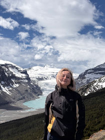 Picture of Whyte Museum summer interpreter Oksana Briukhovetska at the Columbia Icefields.