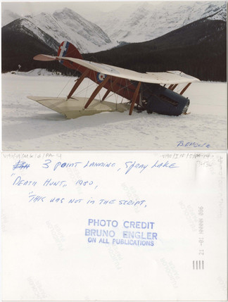 Gallery 2 Image 5, Image 5: 3 point landing, Spray Lake. “Death Hut” 1980, “This was not in the script,” 1980, (V190 / VI / M / x / d / PA – 14)