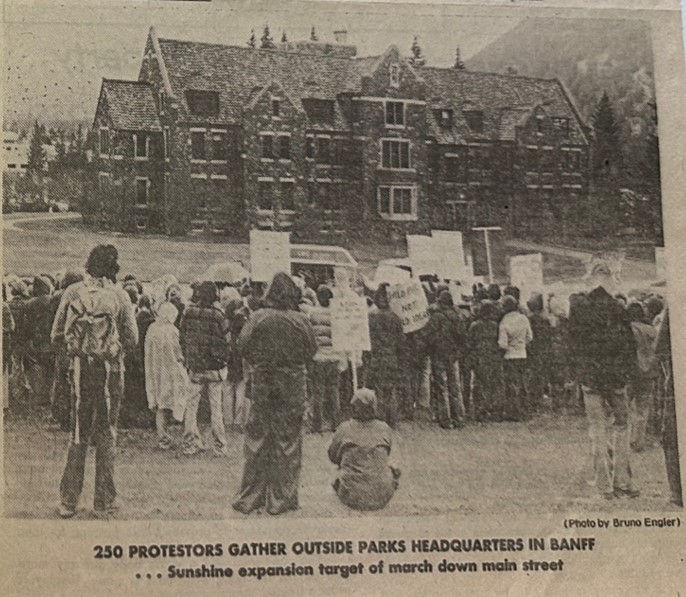 Prominent newspaper coverage of the Parks for Tomorrow march. From: “Marchers protest Sunshine expansion,” Calgary Herald, October 24, 1977.