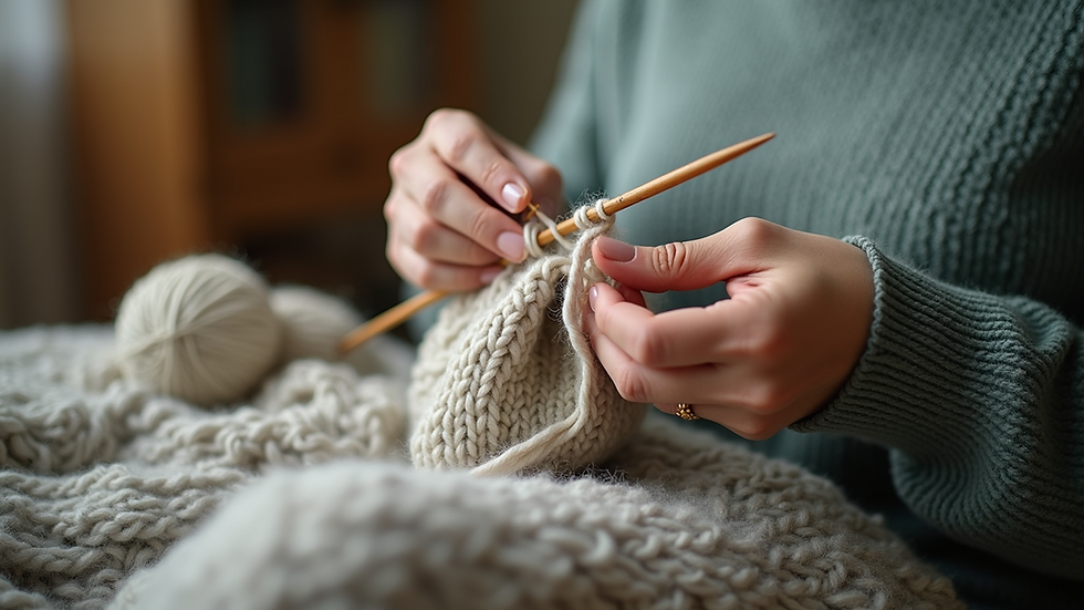 Eye-level view of a knitting project with yarn and needles