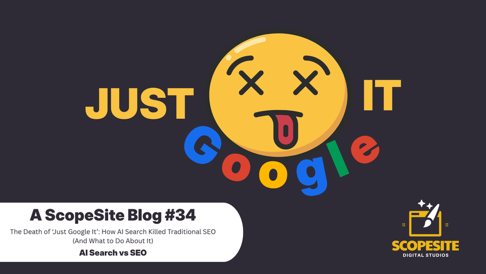 Yellow emoji with X-eyes and tongue out replaces "O" in "Google," flanked by "JUST" and "IT." Blog title: "AI Search vs SEO." Mood: playful.
