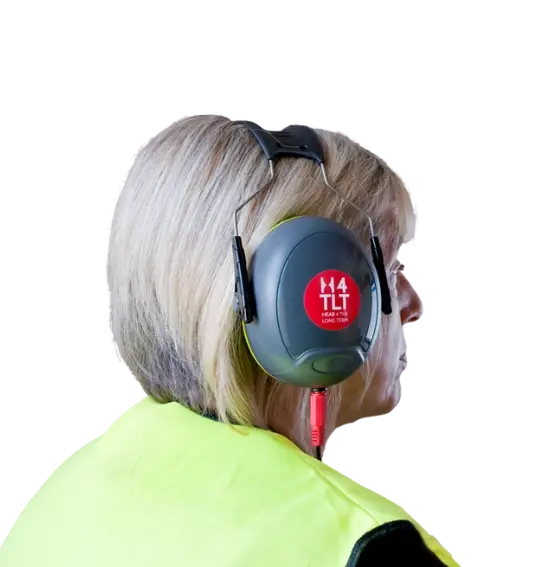Worker wearing H4TLT calibrated audiometry headset for HSE hearing surveillance testing