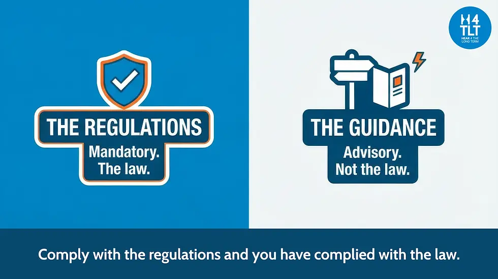 The Control of Noise at Work Regulations 2005 are mandatory law, while HSE L108 guidance is advisory and not legally binding