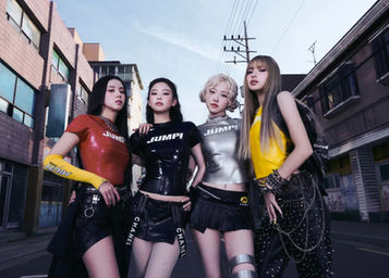 Blackpink members Jisoo, Jennie, Rosé and Lisa wearing the Jump shirts from their music video