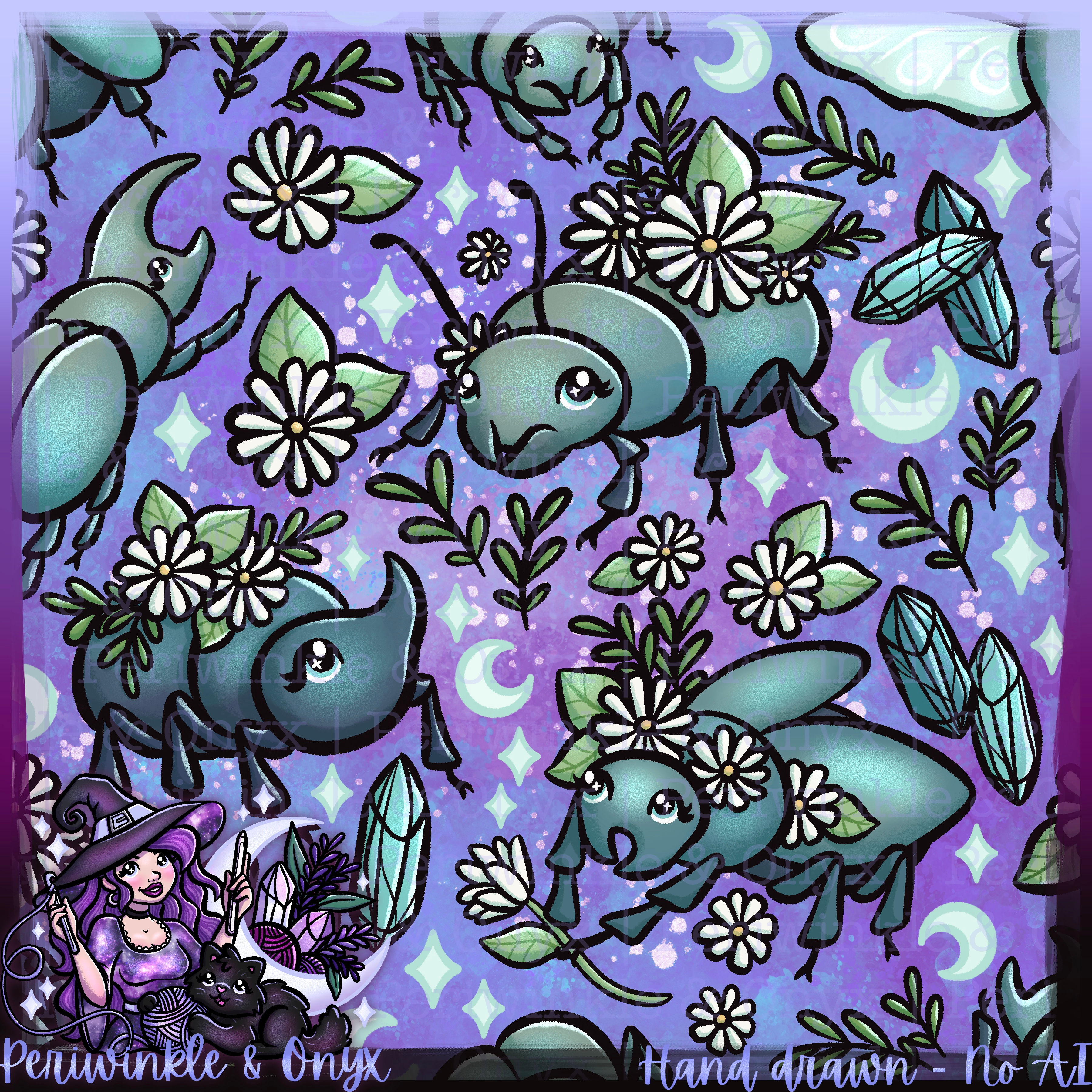 Daisy Beetles Purple Seamless Pattern