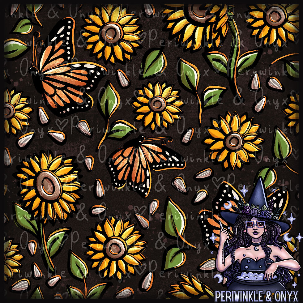 Sunflowers & Butterflies Charcoal Seamless Pattern