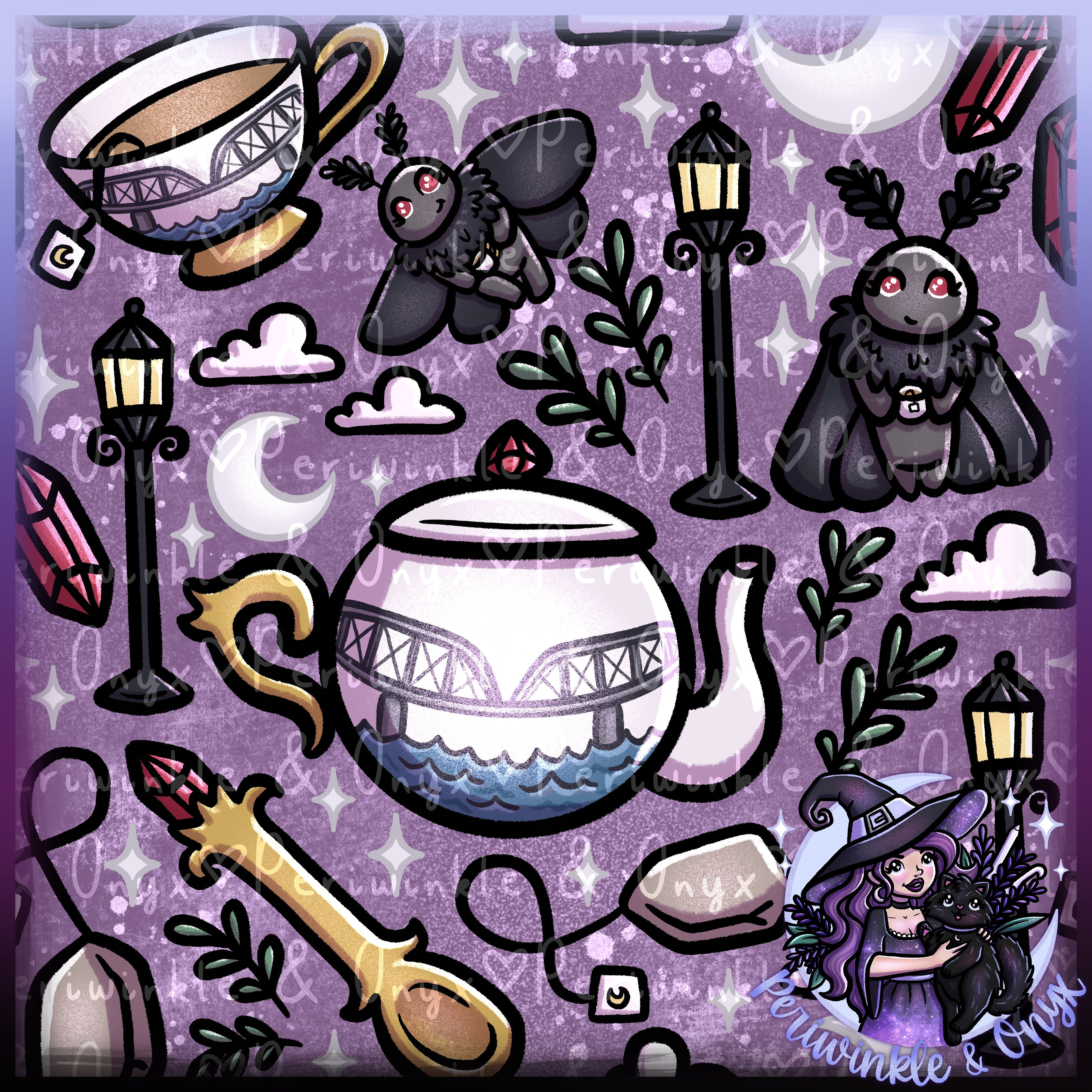 Mothman Tea Party Purple Seamless Pattern