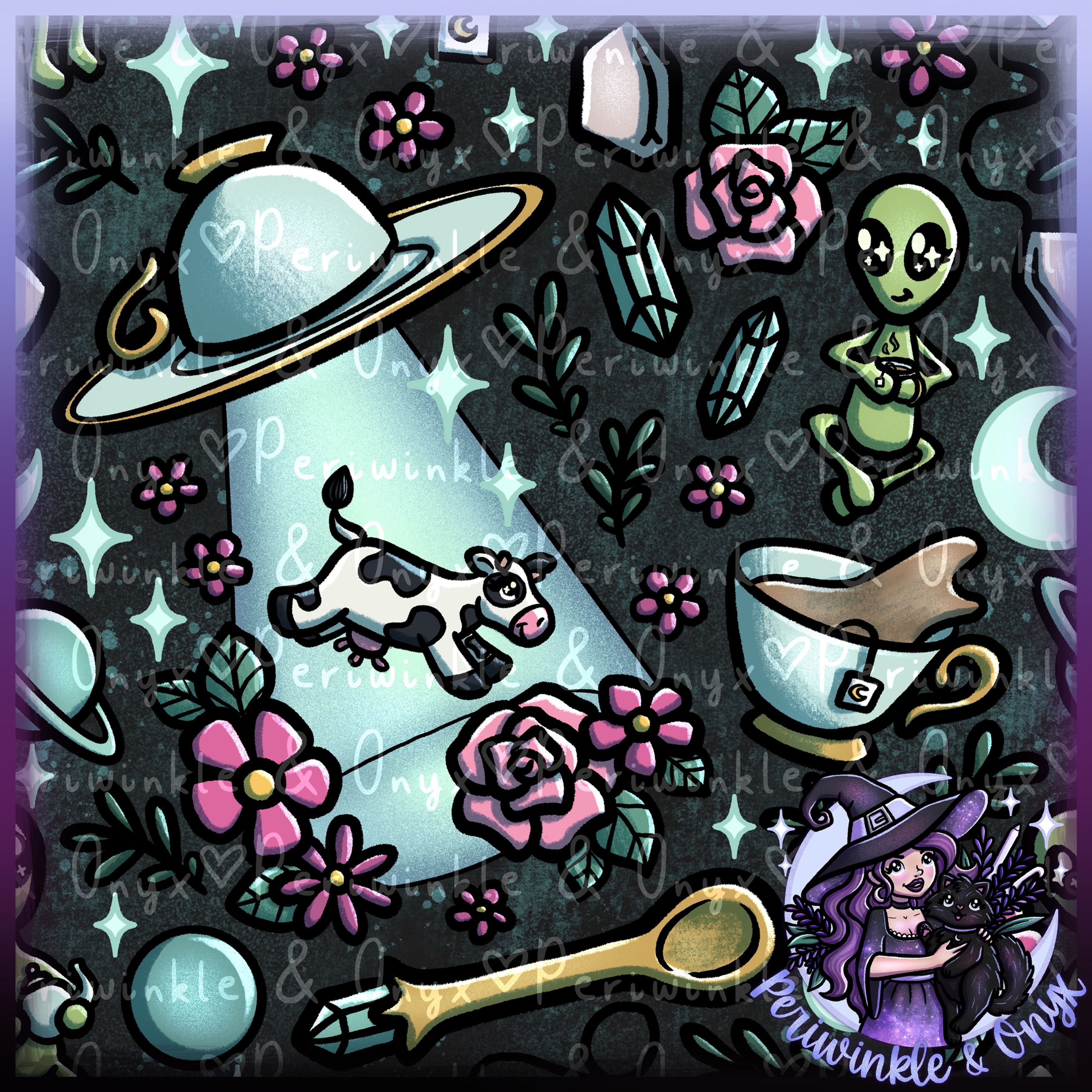 Alien Tea Party Charcoal Seamless Pattern