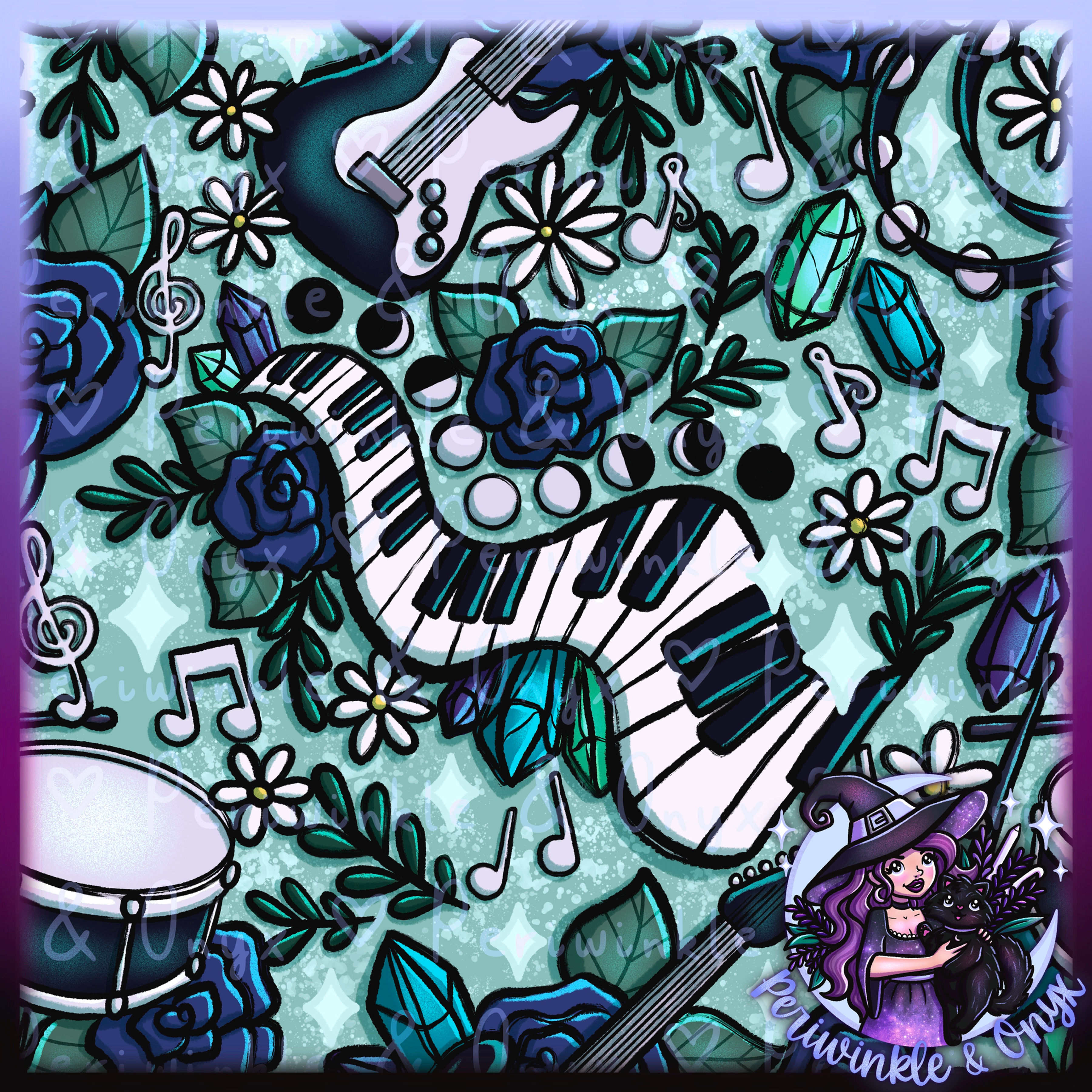 Witchy Music Mint Seamless Pattern