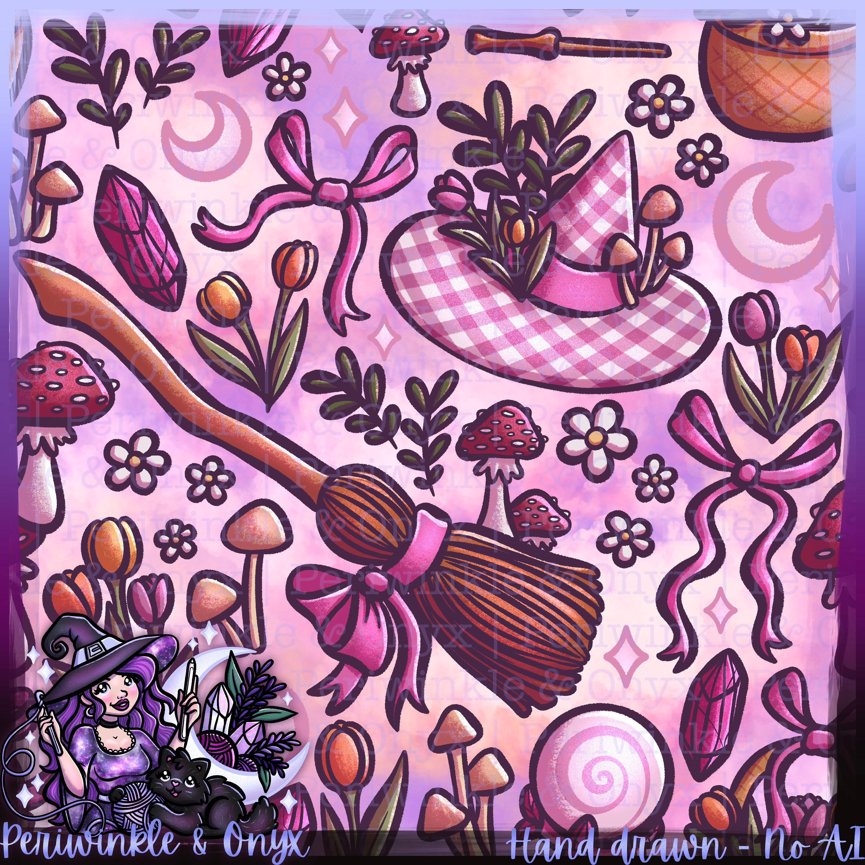 Cottage Witch Pink Seamless Pattern
