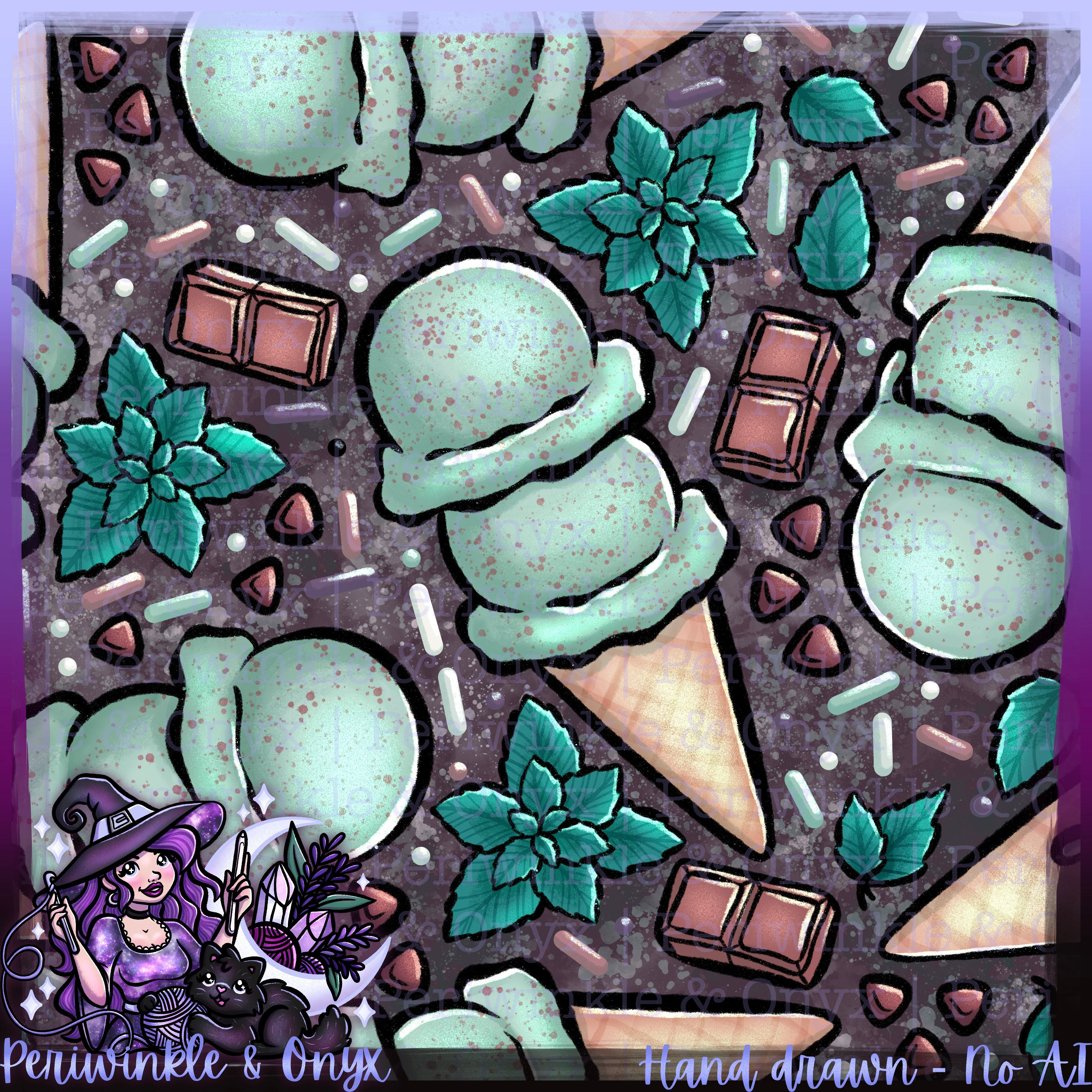 Minty Scoops Charcoal Seamless Pattern