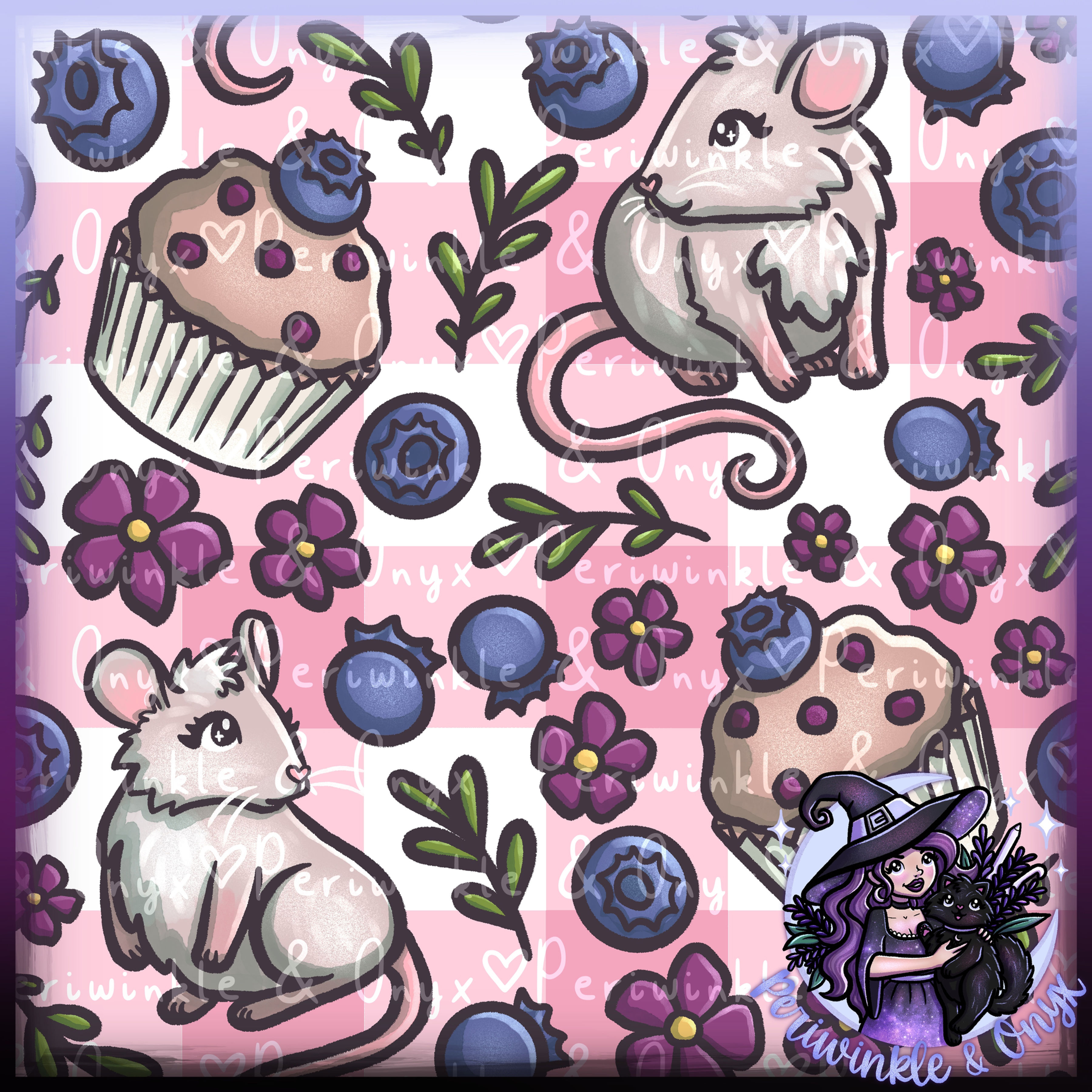 Blueberry Mice Pink Seamless Pattern
