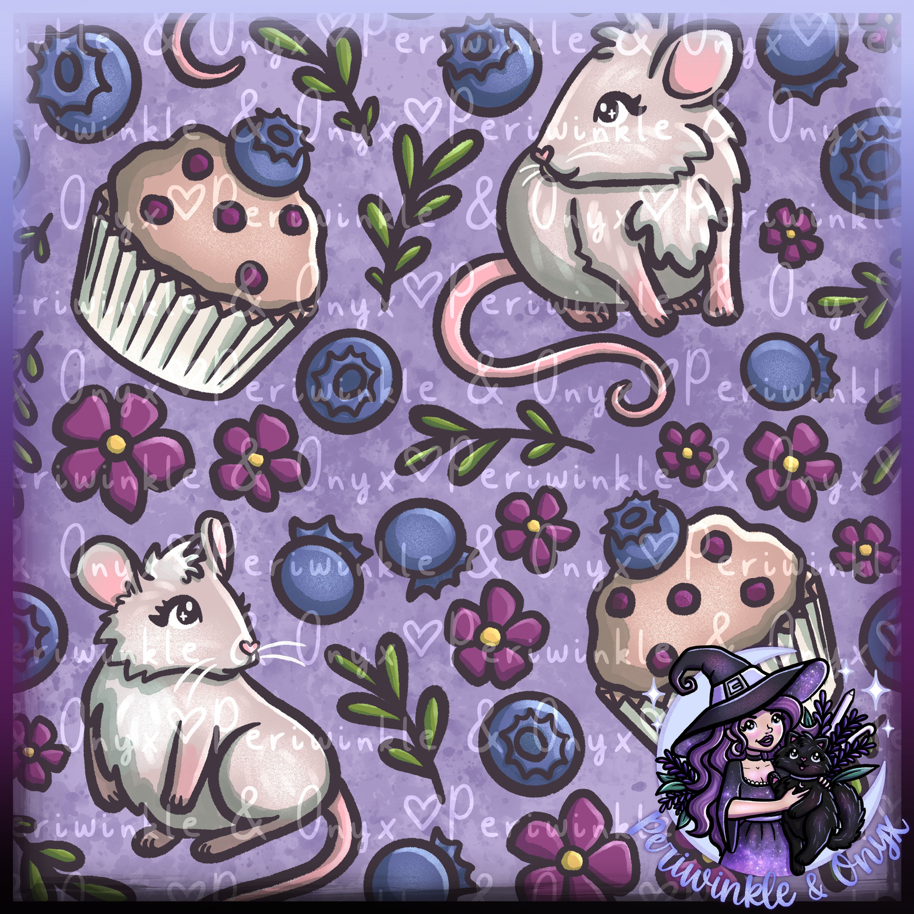 Blueberry Mice Purple Seamless Pattern