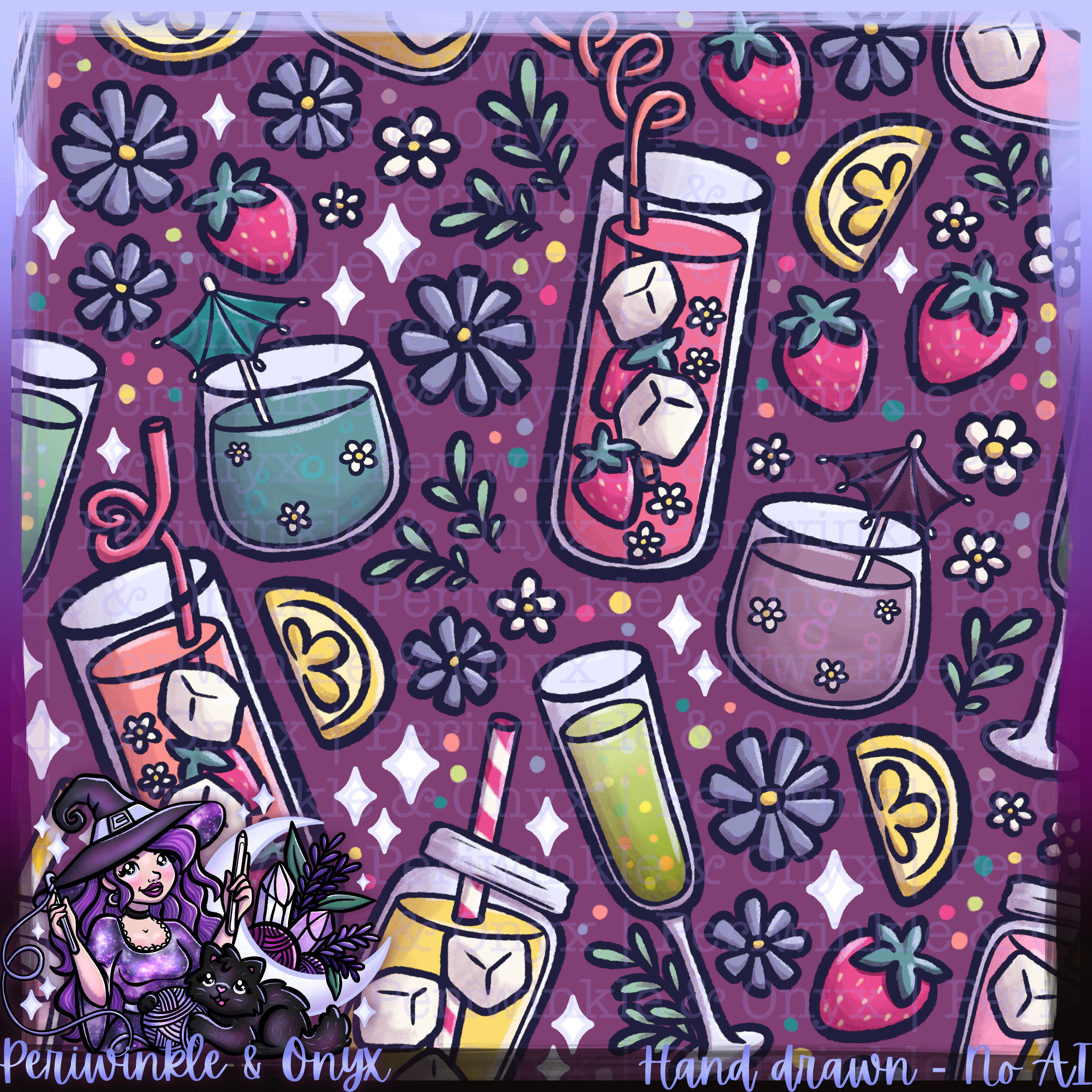 Brunch Mocktails Purple Seamless Pattern