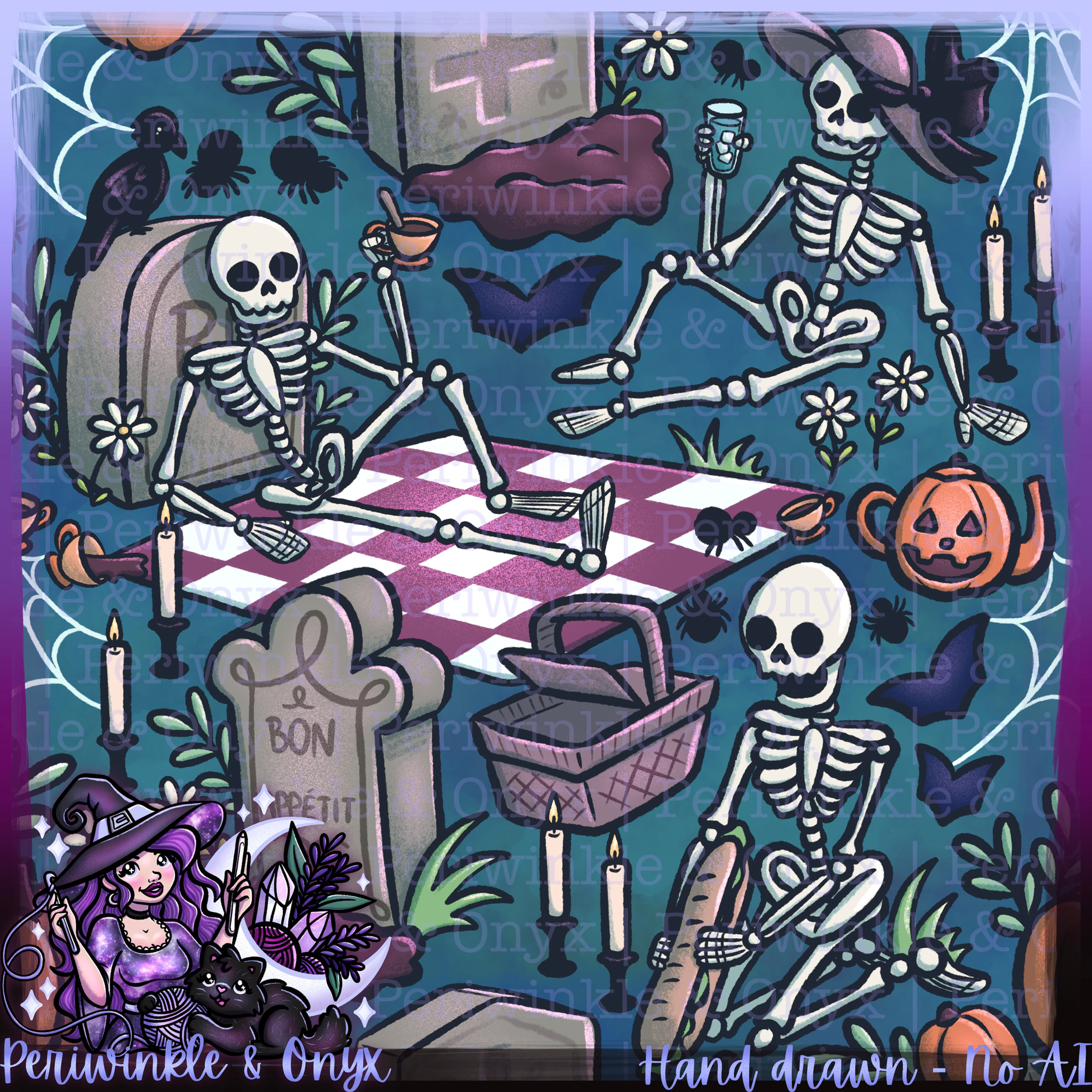 Graveyard Picnic Blue Seamless Pattern