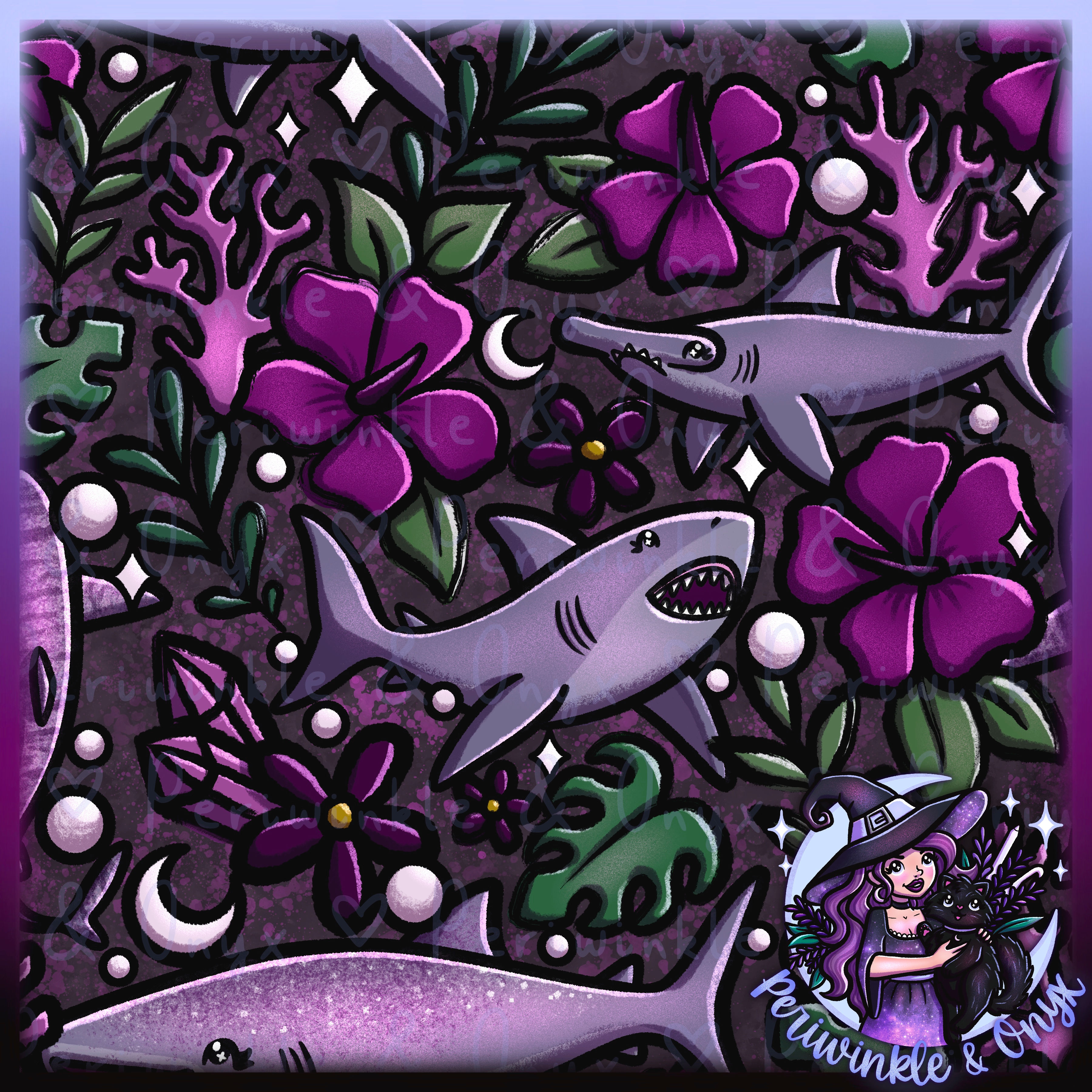 Floral Sharks Charcoal Seamless Pattern