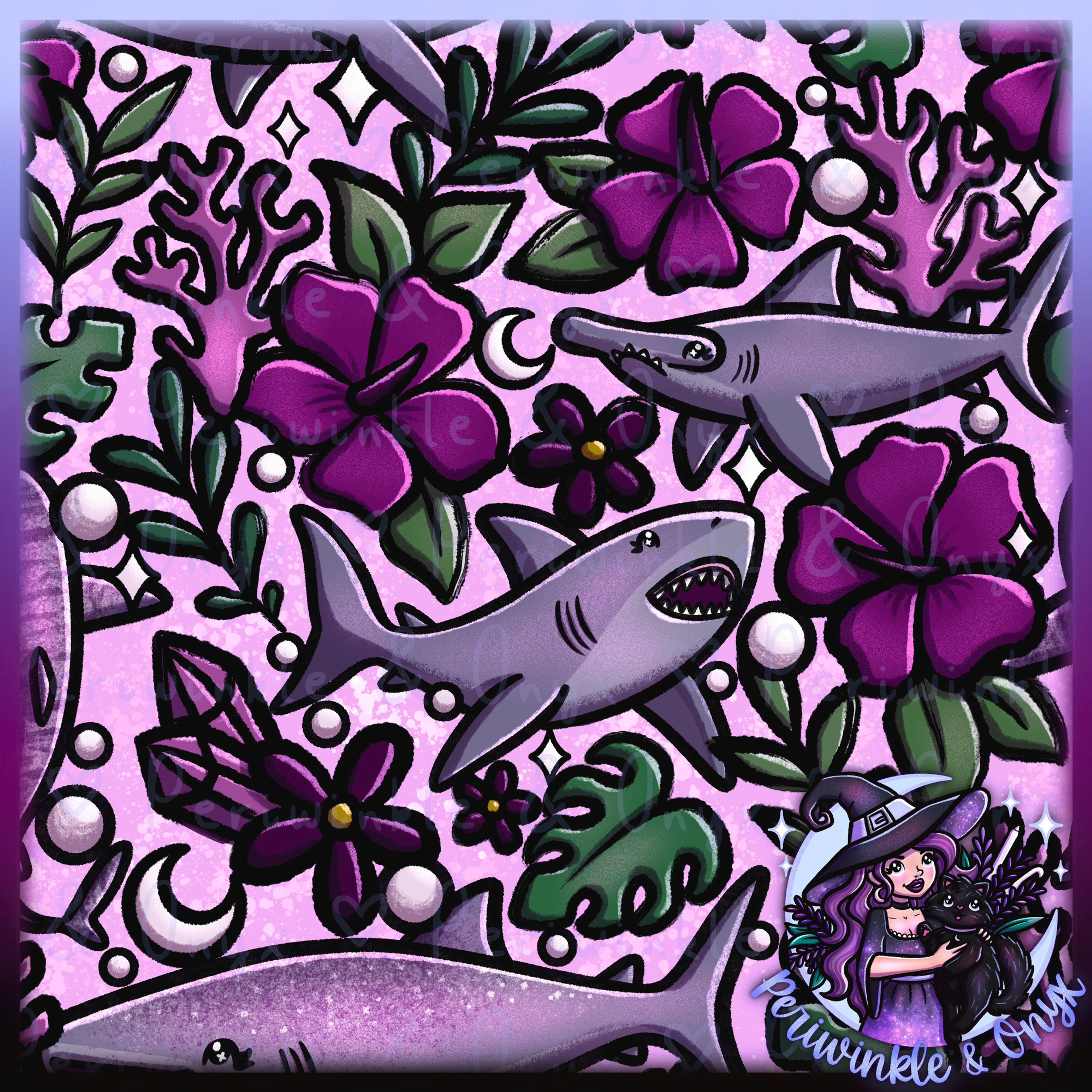 Floral Sharks Pink Seamless Pattern