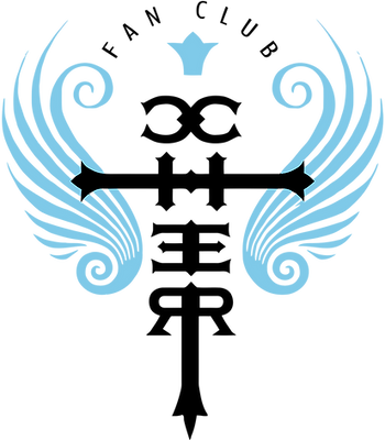 Symmetrical blue wings with curled tips and a central crown shape, reflecting Cher’s iconic and regal style.