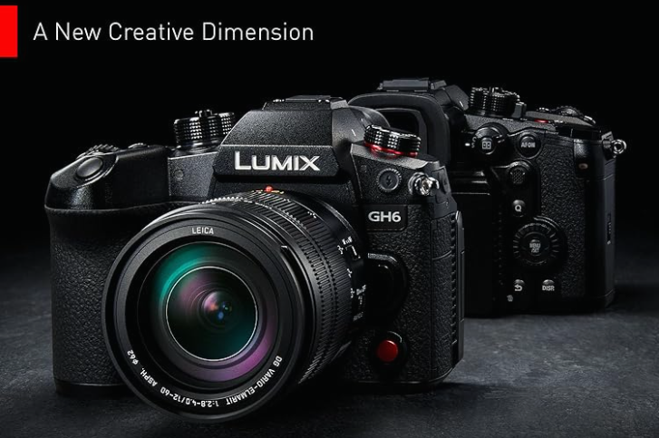 A Panasonic mirrorless camera standing on a dark surface