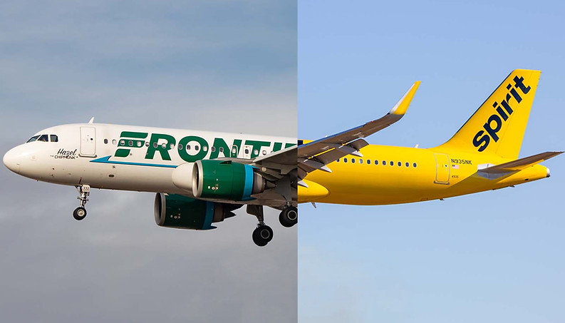 Spirit and Frontier Airlines planes on the tarmac, symbolizing their recent low-cost carrier merger.