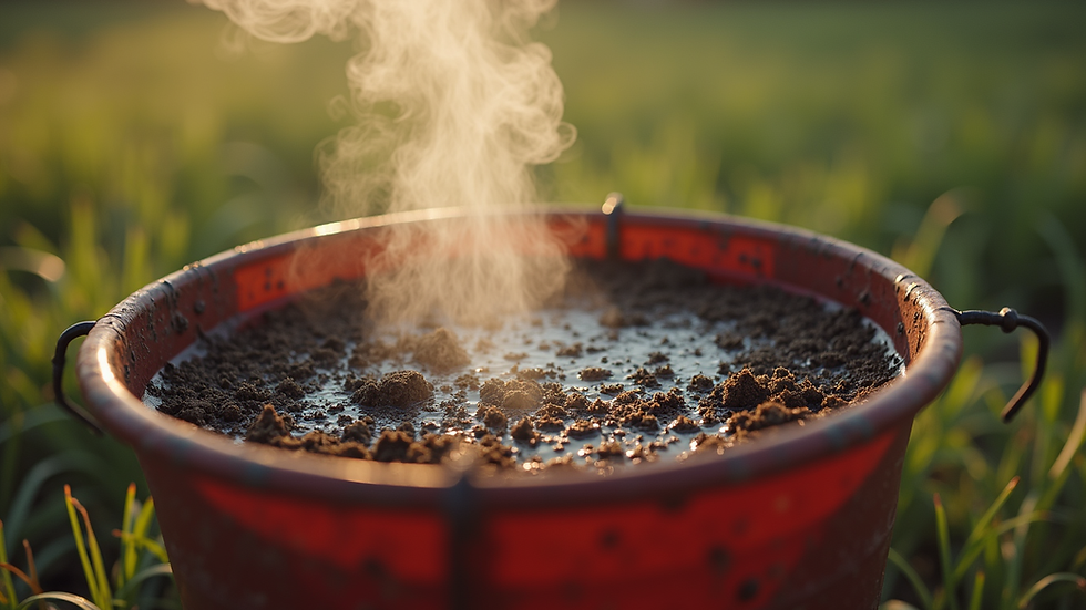 Eye-level view of a bucket with compost tea brewing outdoors