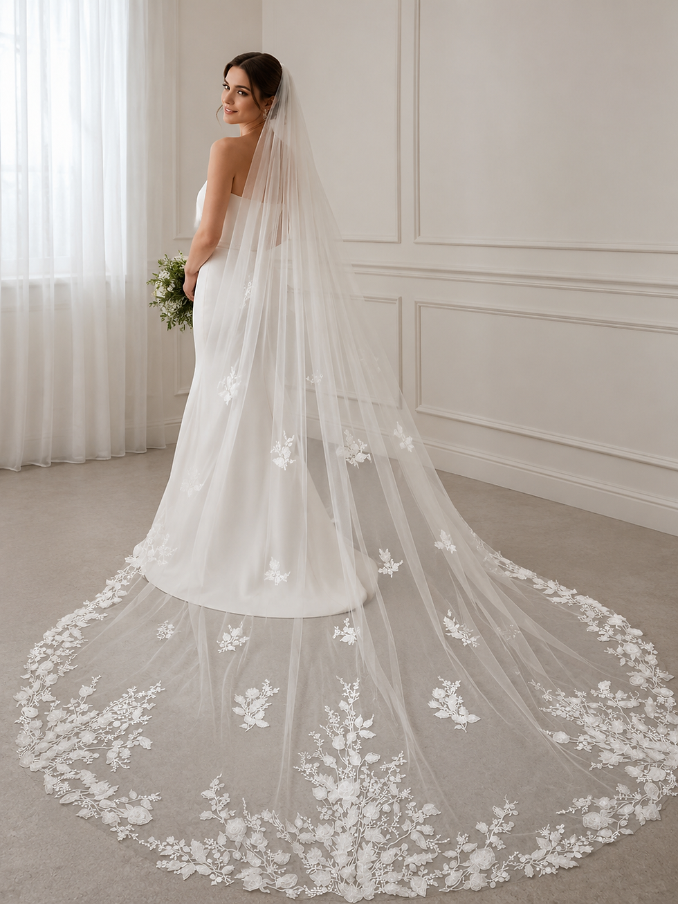 Thumbnail: Cathedral Bridal Veil with Hand-Beaded 3D Floral Lace Appliqués