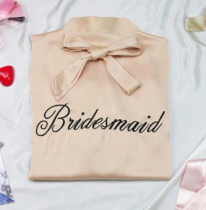 Thumbnail: Custom Bridesmaid Robe Letter Embroidered Self Belted Satin