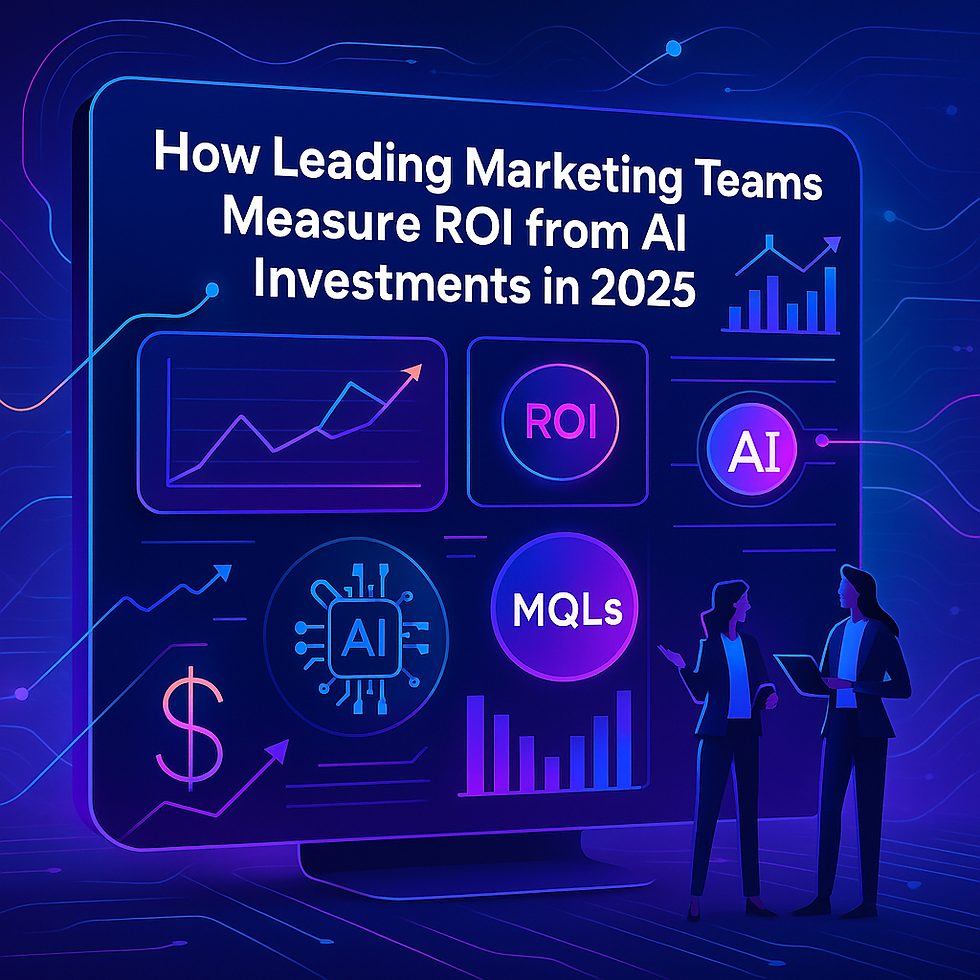Marketing professionals analyzing AI ROI dashboard showing metrics, attribution models, and investment performance for 2025.