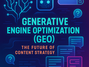 Digital poster showing Generative Engine Optimization (GEO) concept with glowing neural network, AI icon, search bar, and content speech bubbles