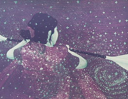 lithograph of woman paddling a kayak while surrounded by stars
