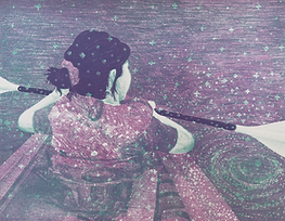 lithograph of woman paddling a kayak while surrounded by stars