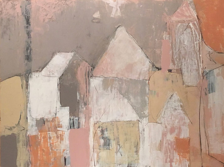 Barrio Rustico Casa Series "Barrio Rustico" Contemporary Abstract Painting, Impasto, Pinks, Terra Cotta, Taupes and Gray Colors