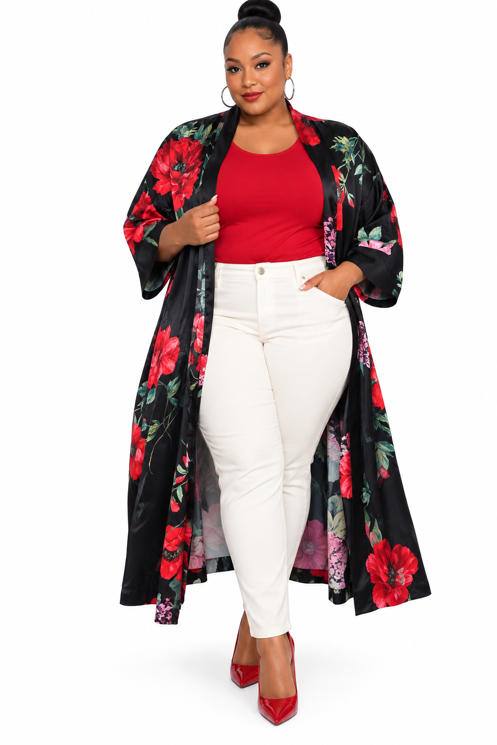 Floral Black Satin Kimono Robe