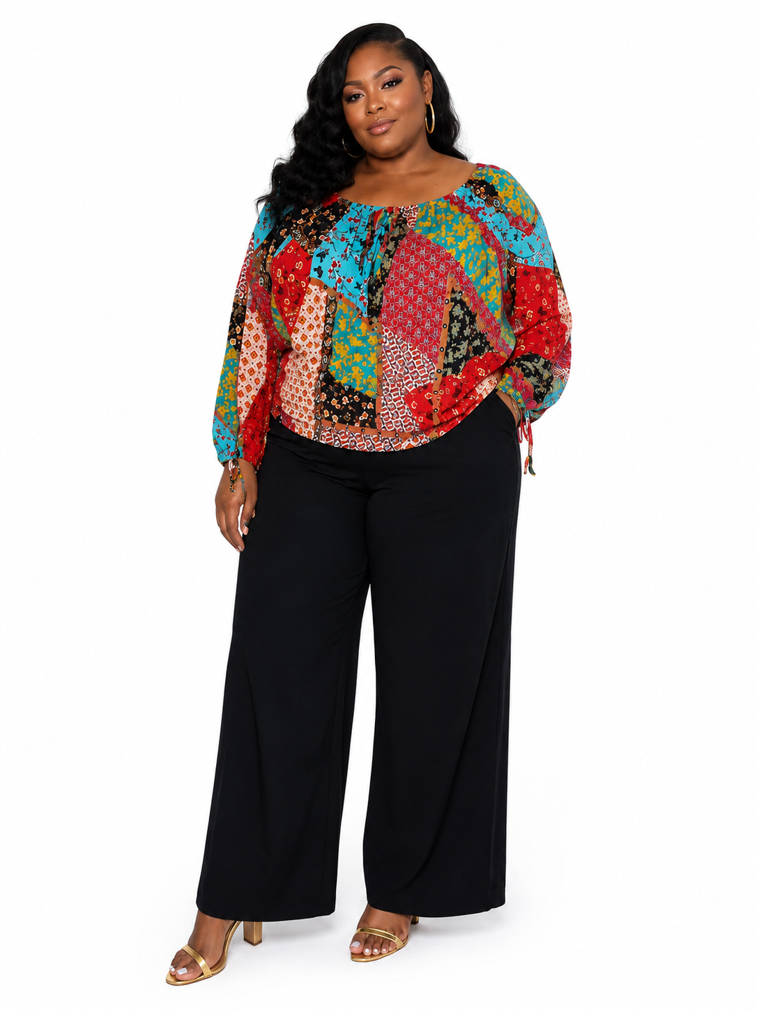 Patchwork Print Peasant Blouse