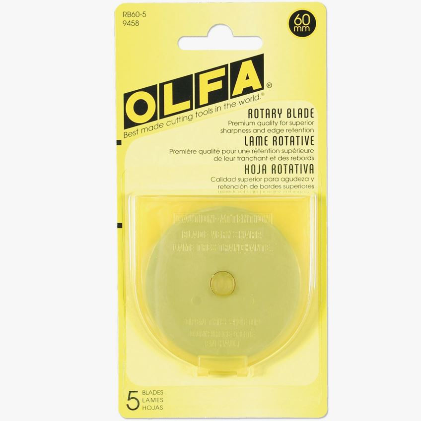 Thumbnail: 5-packe of 60mm Olfa brand rotary cutter blades shown in retail packaging