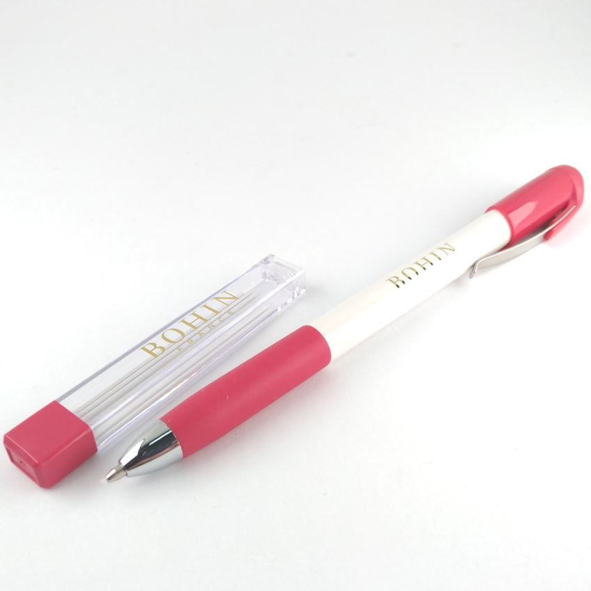 Thumbnail: Bohin brand mechanical fabric marking pencil and packet of white refill "leads"