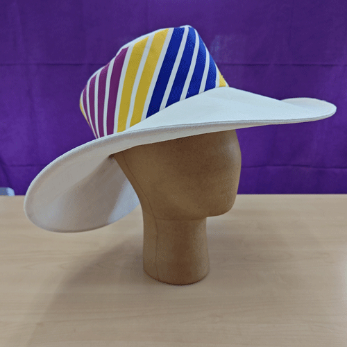 a classic broad-brimmed sunhat with multi-coloured striped band