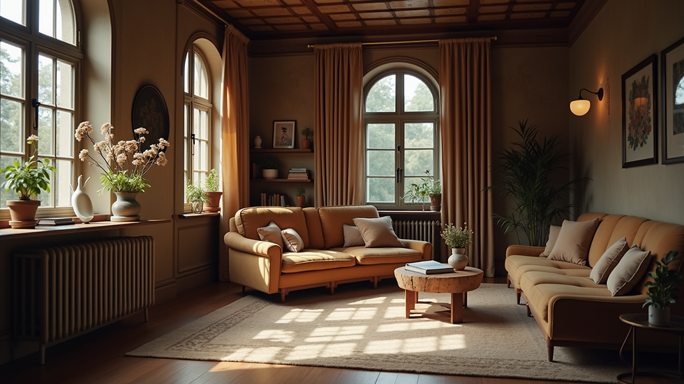 Wide angle view of a serene and cozy reading nook