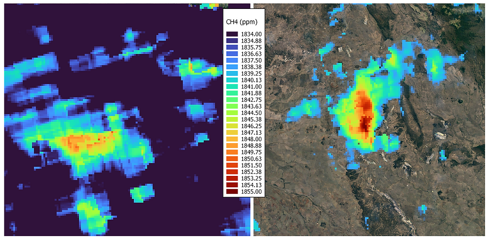 Figure 5: coal mine in Bowen, Queensland. Left: Mean TROPOMI CH4, November 2020. Right: plume enhancement resulting from wind-rotation, November 2020.